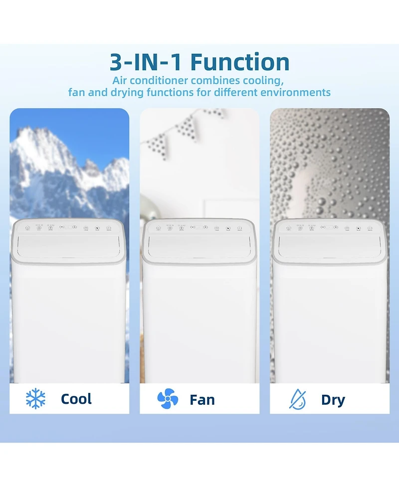 Xo 12,000 Btu Portable Ac, 3-in-1 Cooling, Fan and Dehumidifying, Remote Control, Timer, Window Kit, Wheels and Handles