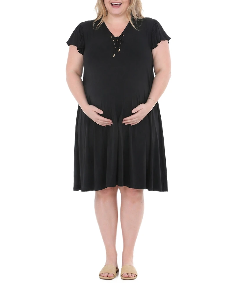 White Mark Plus Flutter-Sleeve Tie-Neck Maternity Dress