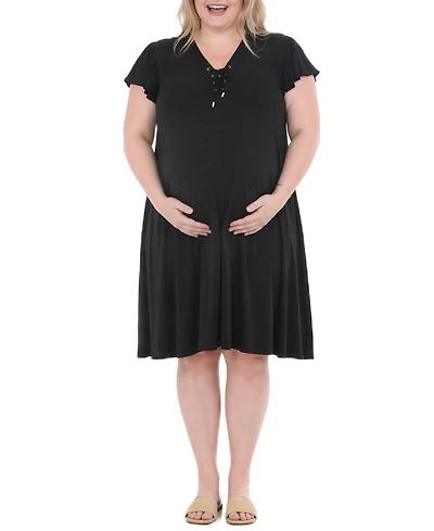 White Mark Plus Flutter-Sleeve Tie-Neck Maternity Dress