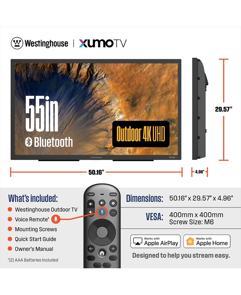 Westinghouse 55" 4K Outdoor Tv, 700+ Nits Bright Display, Anti-Glare, Xumo Smart Tv, Weather-Resistant