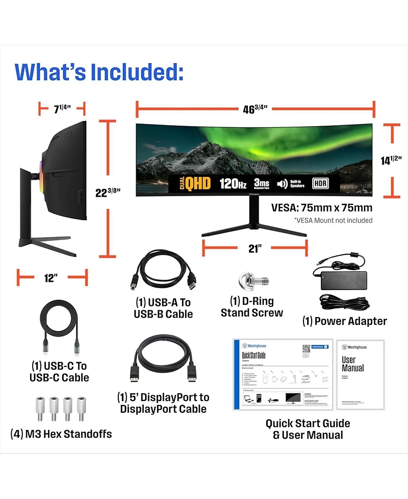 Westinghouse 49" Super Ultrawide Curved Gaming Monitor, 120Hz, Qhd 5120x1440, Amd FreeSync, 2xDP & 2xHDMI