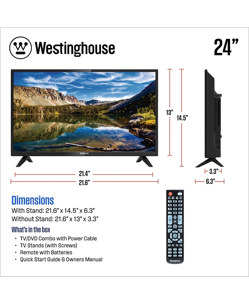 Westinghouse 24" Hd Led Tv w/ Built-In Dvd Player, Hdmi & Usb, Works with Fire Stick, Roku & Apple Tv