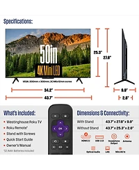 Westinghouse 50" Mini-led 4K Uhd Roku Tv w/ Qled, Dolby Vision, Apple HomeKit & AirPlay 2