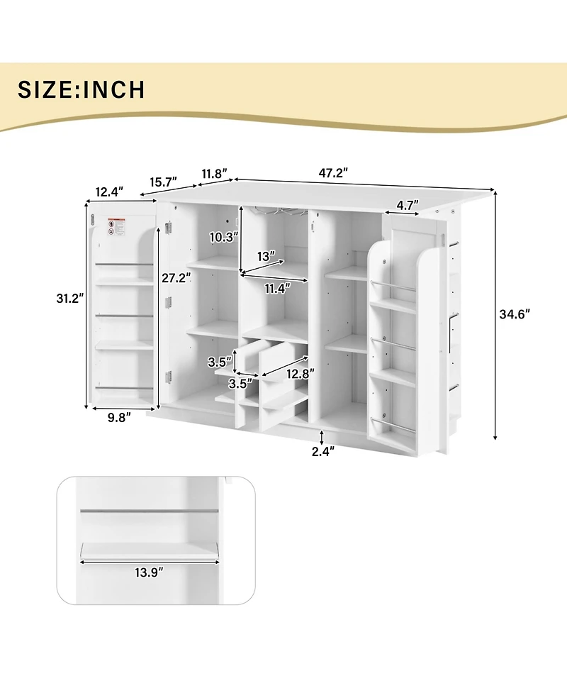 flynama 47.2" Kitchen Island with Drop Leaf and Power Outlet - Wine Bar Cabinet with Storage Shelves