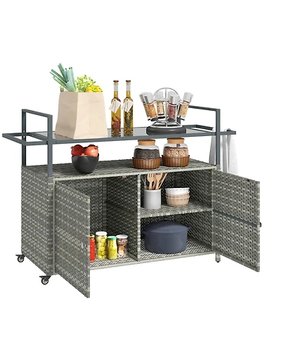 flynama Wicker Outdoor Bar Cart with 2-Tier Shelf and Cabinet