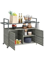 flynama Wicker Outdoor Bar Cart with 2-Tier Shelf and Cabinet