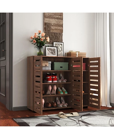 Rainsken 5-Tier Wooden Shoe Cabinet, Shoe Rack Organizer with 3 Louvered Door and Adjustable Shelves for Entryway, Hallway and Living Room