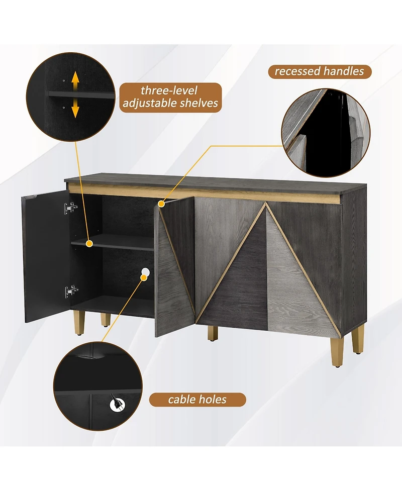 Rainsken 60 Retro Buffet Cabinet 4 Door Sideboard Cabinet with Dimensional Effect Doors and Adjustable Shelves for Kitchen Living Room