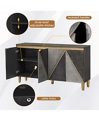 Rainsken 60 Retro Buffet Cabinet 4 Door Sideboard Cabinet with Dimensional Effect Doors and Adjustable Shelves for Kitchen Living Room