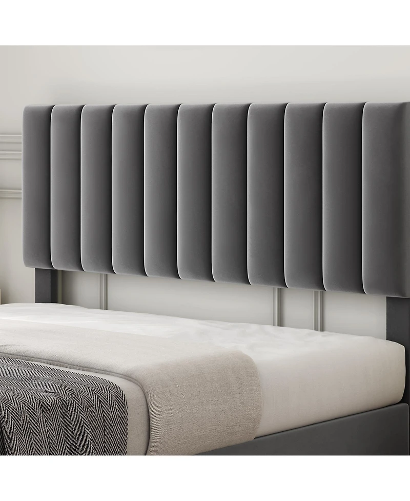 homfan Velvet Upholstered Platform Bed Frame with Adjustable Vertical Channel Headboard, Wooden Slats and No Box Spring Needed