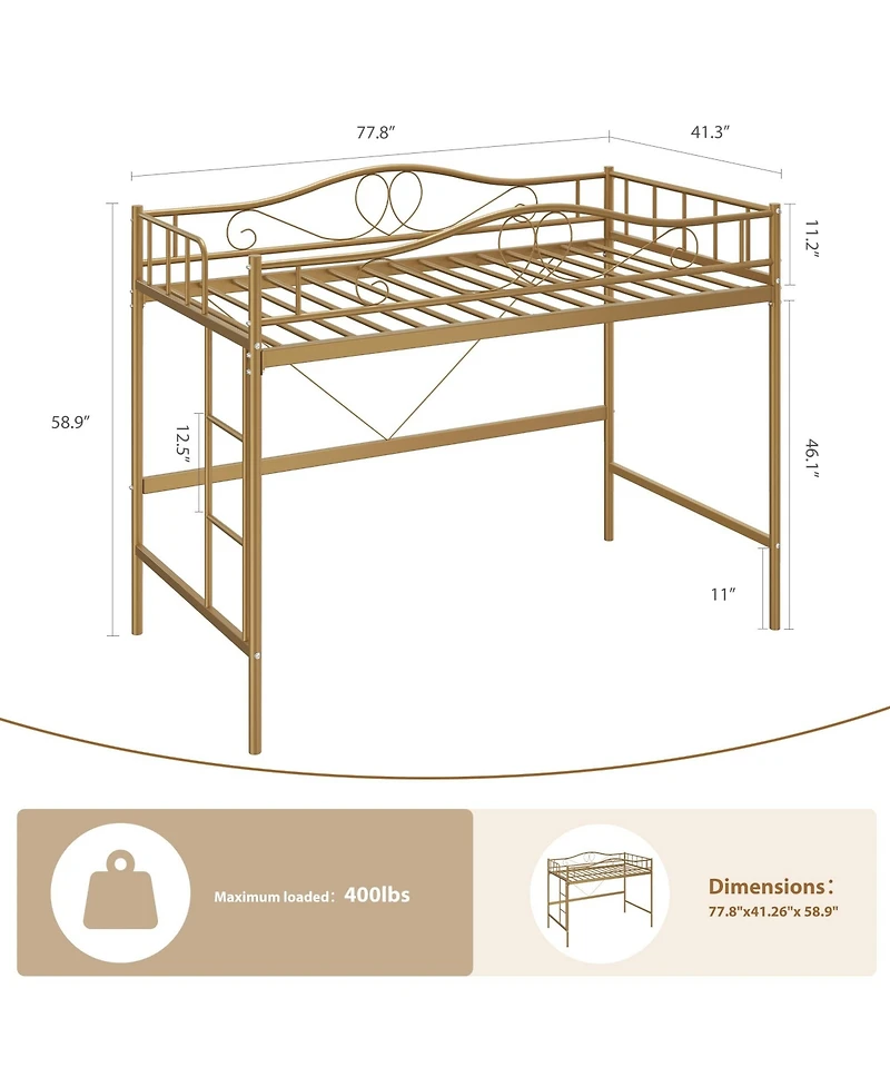homfan Metal Loft Bed with Ladder and Full Guardrails, Space-Saving Frame Under-Bed Clearance, No Box Spring Needed