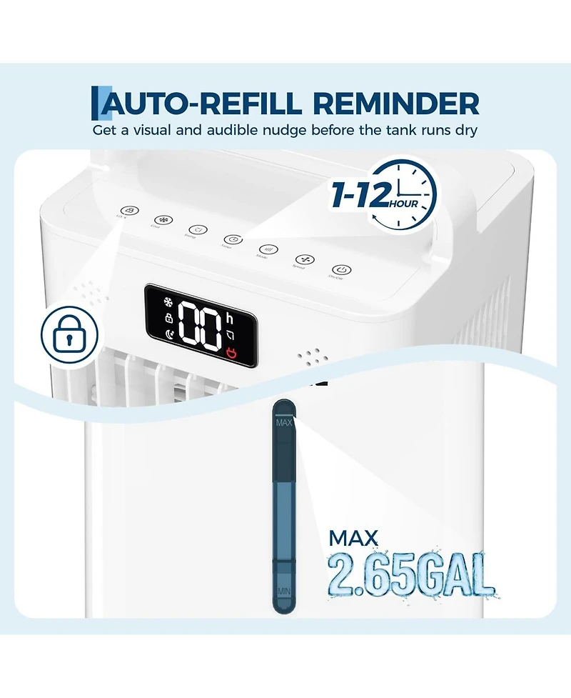 Xo 10L Evaporative Air Cooler, 3 Wind Speeds, 12H Timer, Remote Control, Portable Cooling Fan for Large Rooms, 120V