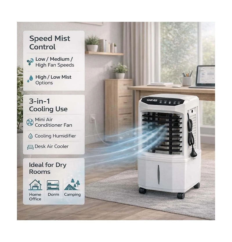 Xo Portable Air Cooler Fan, 3 Speeds, 1600ml Tank, Remote Control, 2/4/8H Timer, Adjustable Airflow, for Bedroom Office Desk
