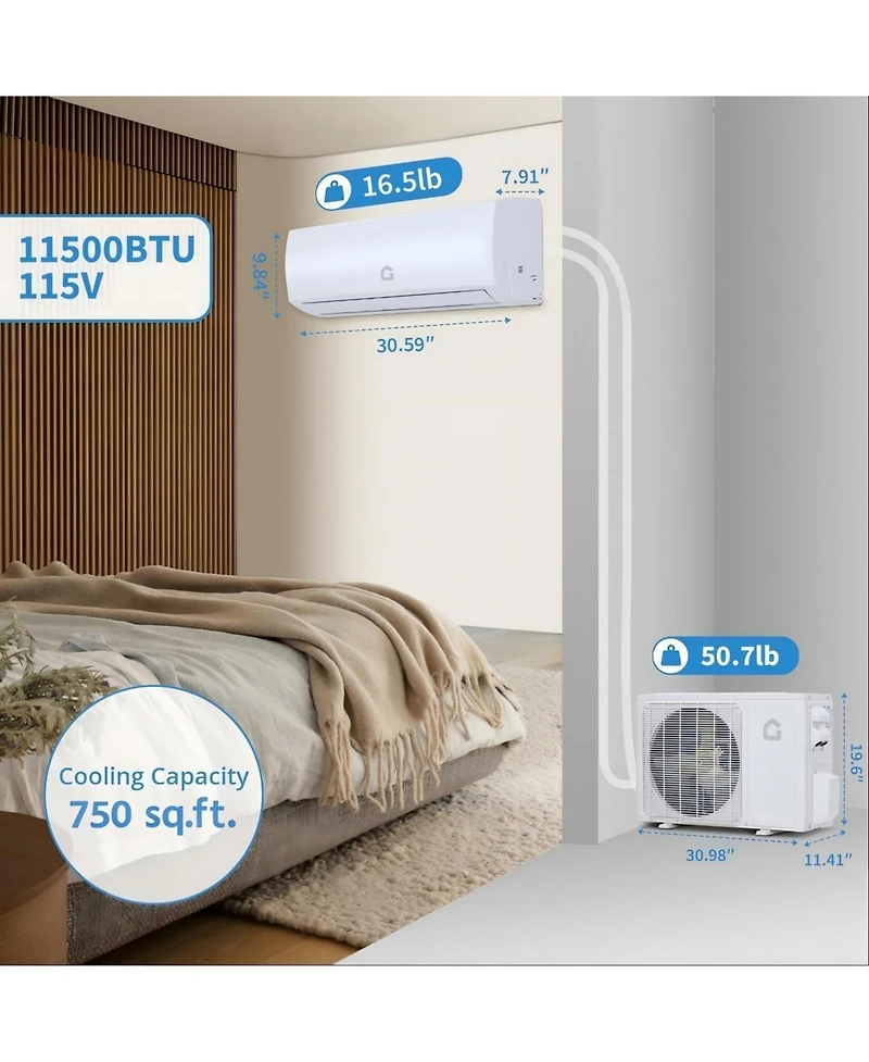 Xo 11500 Btu Mini Split Ac and Heat Pump, 17 SEER2 Inverter, WiFi and Alexa, Cools 750 Sq. Ft, 115V Kit