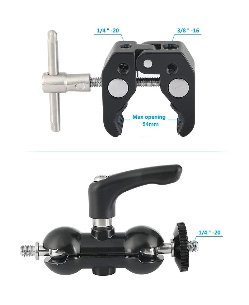 Camvate Ball Head Mount 1/4inch Threads with Central Lock Knob and Super Crab Gripper Clamp
