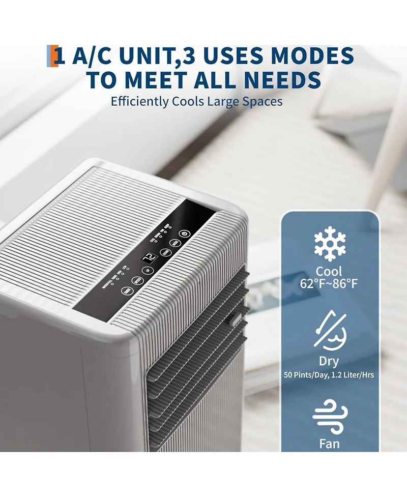 Xo 3-in-1 8000 Btu Portable Air Conditioner, Cools Up to 350 Sq.Ft. with Complete Installation Kit, Grey