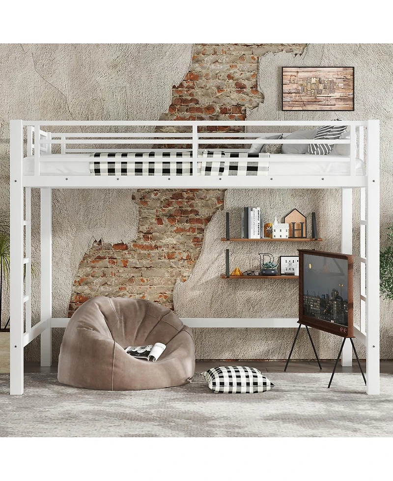 Streamdale Furniture Metal Loft Bed with Ladder and Guardrails