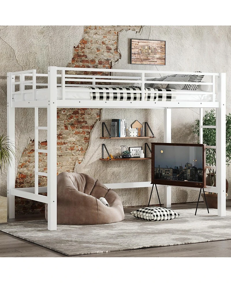 Streamdale Furniture Metal Loft Bed with Ladder and Guardrails
