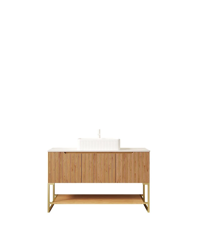 Sillysis 47.6 Inch Bathroom Vanity with Ceramic Basin, Carrara Sintered Stone Countertop, 3 Door Storage Cabinet and Open Shelf