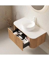 Sillysis Wall Mounted Bathroom Vanity with Sintered Stone Top, Ceramic Vessel Sink, 3D Wood Grain Drawer