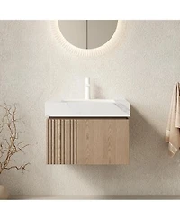 Sillysis Wall Mounted Bathroom Vanity Sintered Stone Top Carrara Ceramic Sink Soft Close Cabinet Pre Assembled