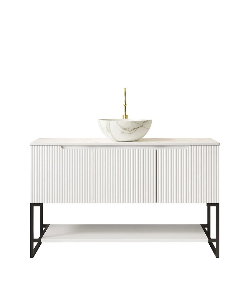 Sillysis 47.6 Inch Freestanding Bathroom Vanity with Ceramic Basin, Sintered Stone Countertop , Soft Close Door and Open Shelf