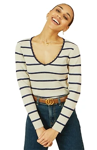 Yumi Women's Metallic Stripe Knitted Ribbed Top