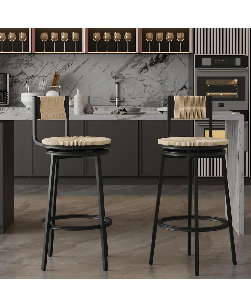 Flynama Set of 2 Hand Woven Paper Rope Metal Frame Swivel Bar Stools