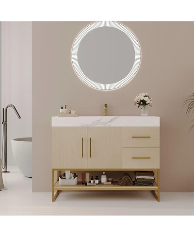 Sillysis 36 Inch Freestanding Bathroom Vanity, Sintered Stone Top, Seamless Ceramic Sink, Gold Steel Frame, 2 Drawers Open Shelf Storage