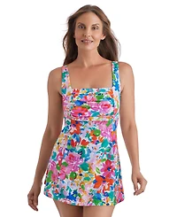 ShapeSolver Women's Square Neck Princess Seam Swim Dress