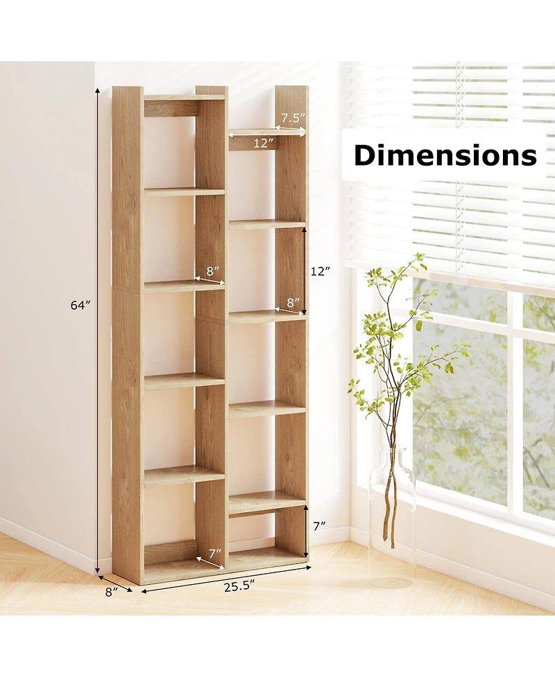 Gymax 11 Tier Bookcase with Anti Tipping Kits Wood Display Shelf Tree Shaped Bookshelf