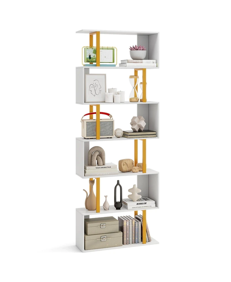 Gymax 6 Tier Geometric Bookcase 74.5-Inch S Shaped Bookshelf with Metal Frame