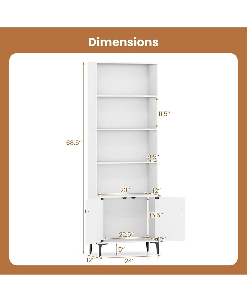 Gymax Bookshelf with Doors 5 Tier Floor Standing Bookcase 2 Anti Tipping Kits