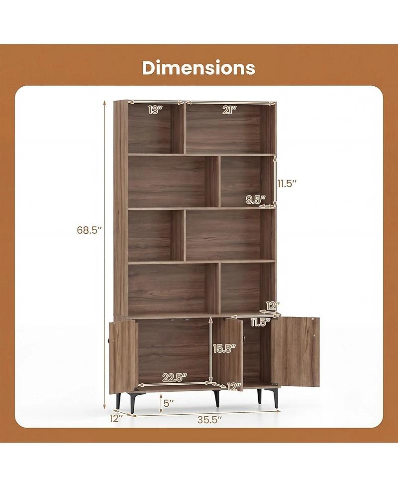 Gymax Bookshelf with Doors 5 Tier Floor Standing Bookcase with 2 Anti Tipping Kits