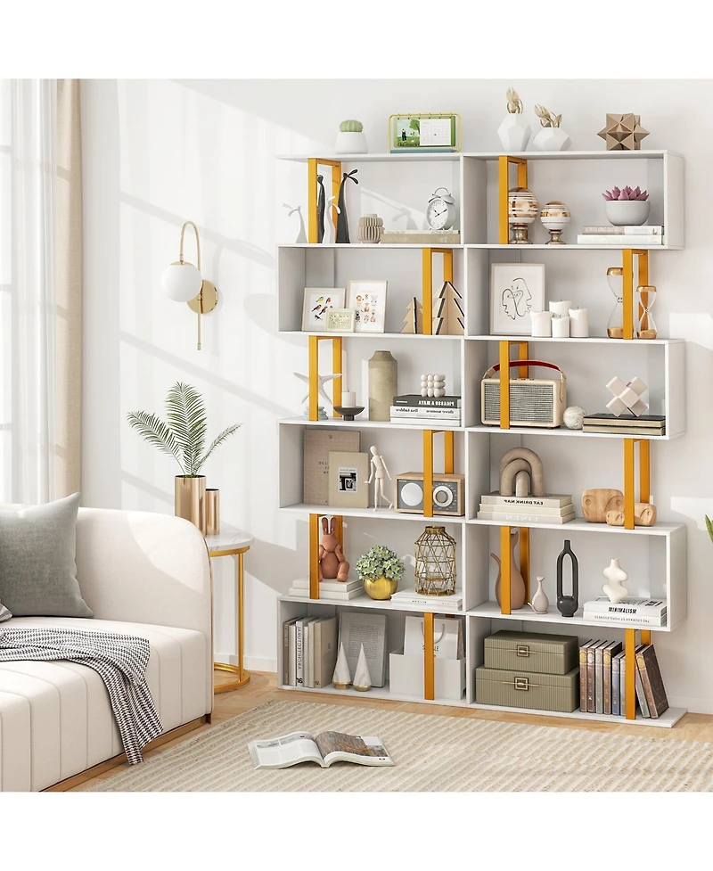 Gymax 2 Pieces 6 Tier Geometric Bookcase 74.5 Inch S Shaped Bookshelf with Metal Frame