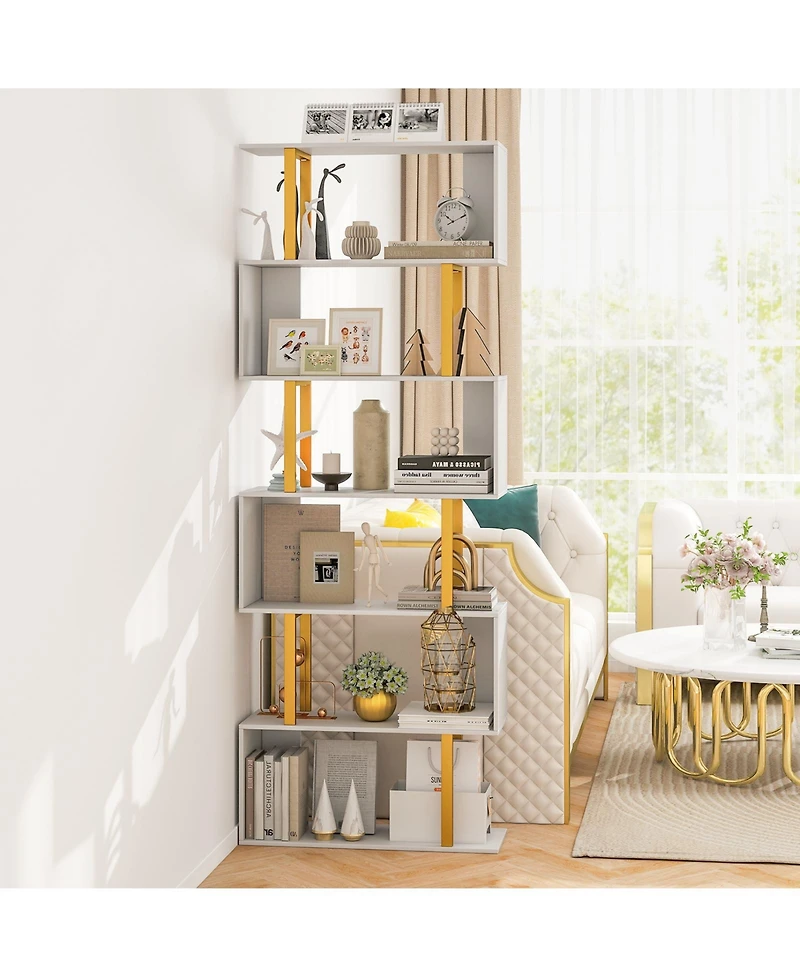 Gymax 2 Pieces 6 Tier Geometric Bookcase 74.5 Inch S Shaped Bookshelf with Metal Frame