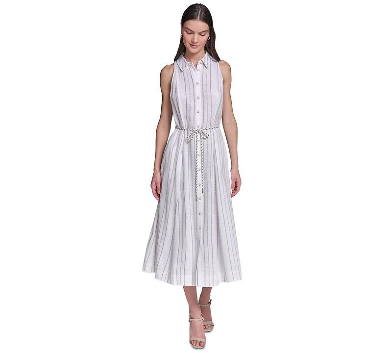 Karl Lagerfeld Paris Women's Striped Linen Midi with Rope Belt Shirtdress