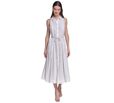 Karl Lagerfeld Paris Women's Striped Linen Midi with Rope Belt Shirtdress