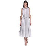 Karl Lagerfeld Paris Women's Striped Linen Midi with Rope Belt Shirtdress