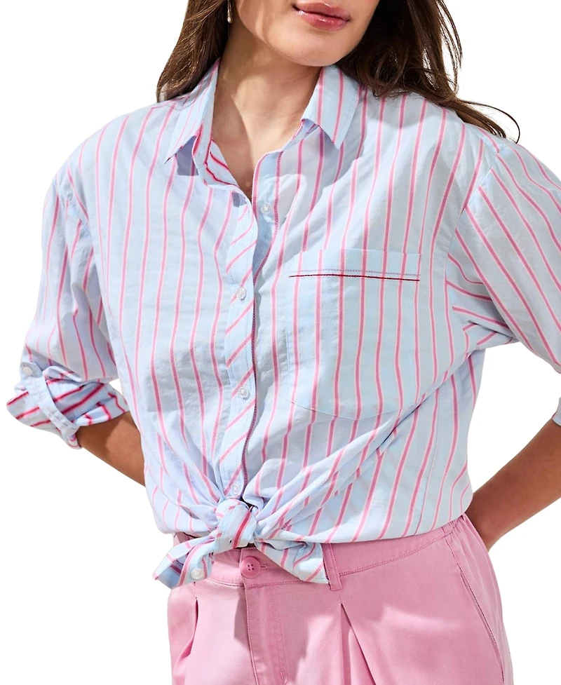 Tribal Women's Poplin Double Stripe Roll-Up Sleeve Button-Front Shirt