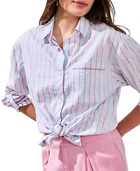 Tribal Women's Poplin Double Stripe Roll-Up Sleeve Button-Front Shirt