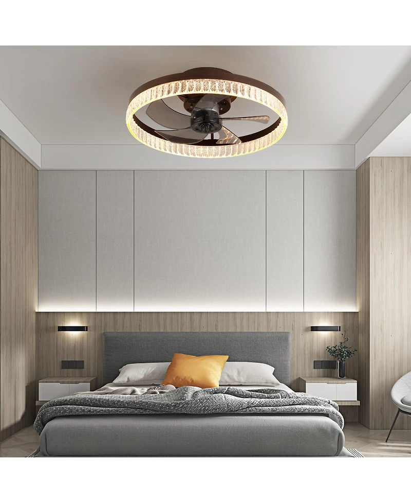 Clihome 20 inch Ceiling Fan with Led Light, Modern Flush Mount Fan Light with Crystal Ring Design