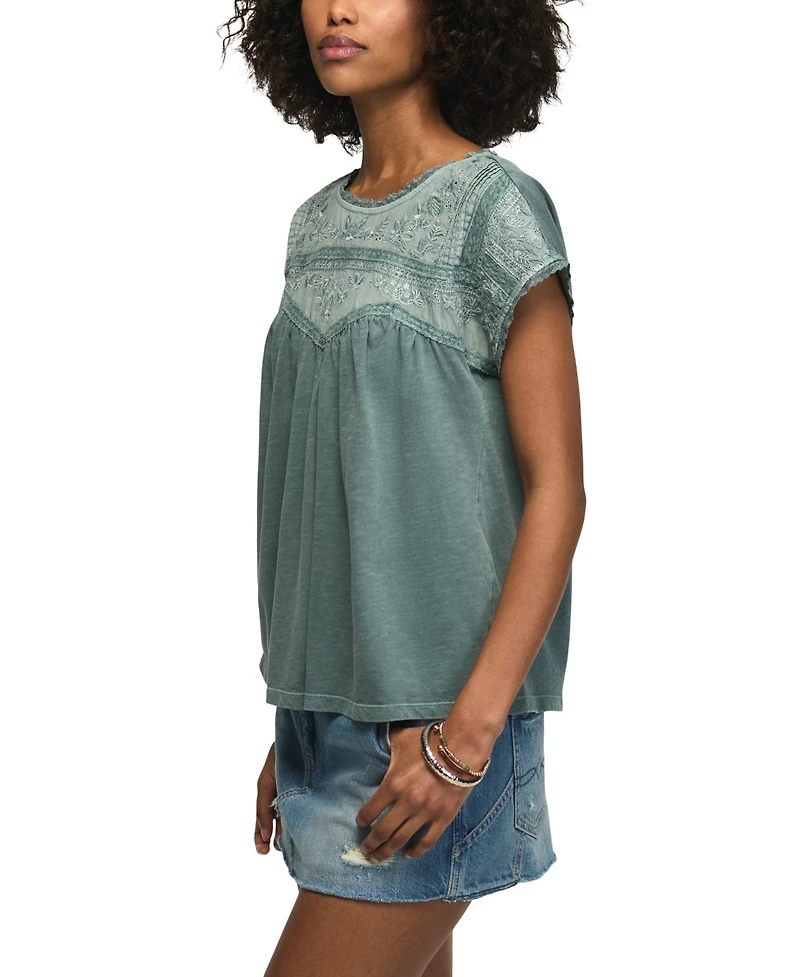 Lucky Brand Women's Embroidered Yoke Cotton Top