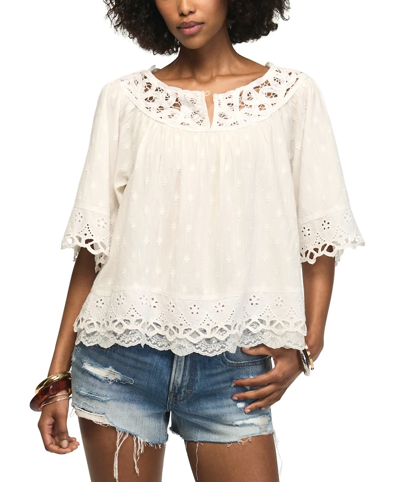 Lucky Brand Women's Notch Neck Lace Detail Top