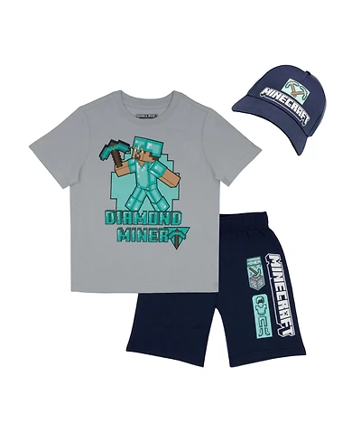 Minecraft Boys 3 Piece T-Shirt, Shorts and Baseball Hat Outfit Set