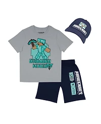 Minecraft Boys 3 Piece T-Shirt, Shorts and Baseball Hat Outfit Set