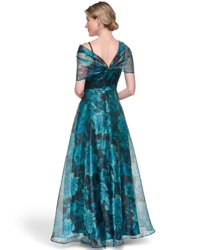 Eliza J Petite Asymmetric Neck Cap-Sleeve Ball Gown