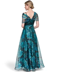 Eliza J Petite Asymmetric Neck Cap-Sleeve Ball Gown
