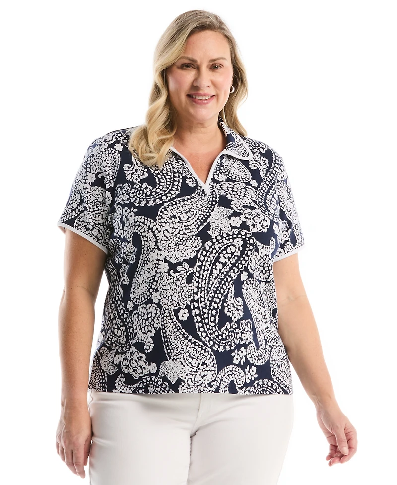 Rafaella Plus Paisley Print Contrast Trim Johnny Collar Short Sleeve Polo Shirt