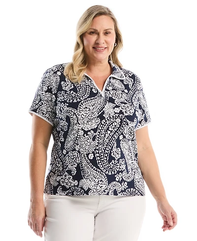 Rafaella Plus Paisley Print Contrast Trim Johnny Collar Short Sleeve Polo Shirt